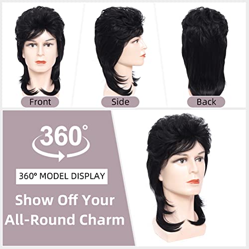Image of Men's 80s Mullet Wig Set, Vintage Mullet Rock Wig for Country Rocker Halloween Party and Cosplay (Black)