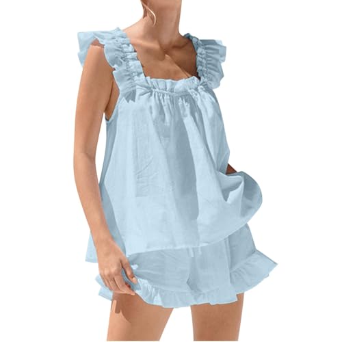 Baimiu Womens Summer 2 Piece Set Fashion Ruffle Trim Cami Pajamas Sets Sleeveless Tops Shorts Matching Set Outfits Loungewear Sky Blue