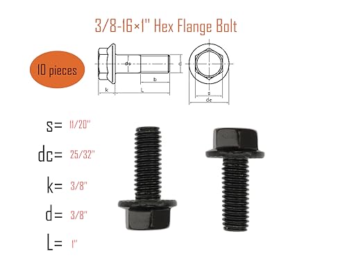 Image of LBY 10pcs Hex Flange Bolt, 3 /8-16 x 1'' (Fully Threaded) Flanged Hex Head Bolts, Flange Hexagon Screws, 304 Stainless Steel, Galvanized (Black)