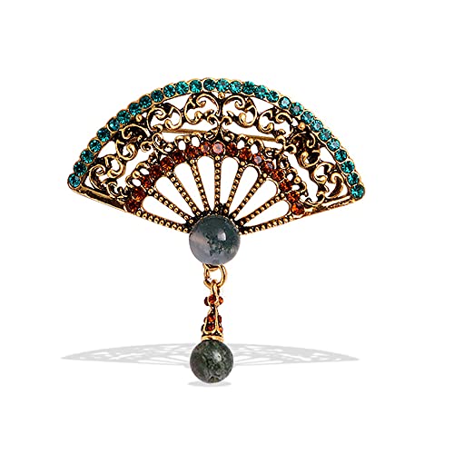 Image of Pearl Fan Brooch Chinese Fan Brooch Rhinestone Pearl Brooch for Women Lady Girl
