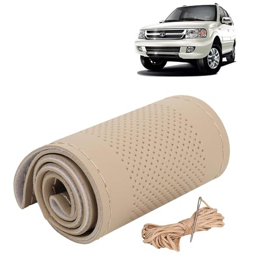 Image of KINGSWAY PU Leatherite Car Steering Cover Sewable Compatible with Tata Safari Dicor (Year 1998-2012), Beige Color with Beige Thread, Pack of 1 with Sewing Needle and Thread