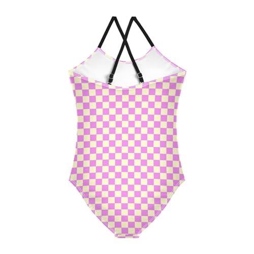 Image of Black and White Chess Girls One Piece Swimsuits Board Marble Tile Sport Halter Swimwear Beach Bathing Suit 3T