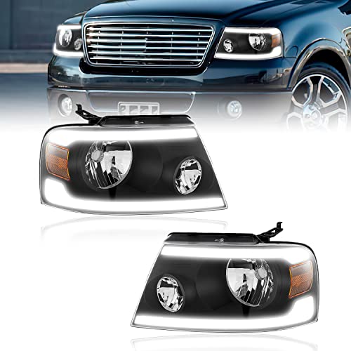 GORWARE Headlights Assembly Compatible with 2008 2007 2006 2005 2004 Ford F150 F-150 Pickup Headlamps 1 Pair w/LED Tube DRL Daytime Running Light Black Housing Clear Lens Amber Reflector
