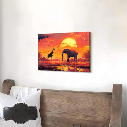 Piy Painting Canvas Print of Elephant and Giraffe, Sunset Landscape Oil Painting Replica, Canvas Wall Art - Image 3