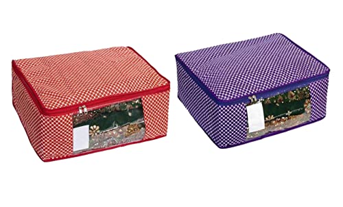 Image of Cotton Saree Cover Set | Bag | Cotton Saree Cover Closet Orgnizer /Saree Bags For Wardrobe Orgnizer Clothe Covers | Dress Cover | Cotton Bag (Pack of 2, Red + Purple)