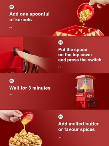 Popcorn Maker, Reemix 1200W Electric Popcorn Machine, No Oil, Homemade Fresh Popcorn in Under 3 Minutes, Uses Hot Air, Detachable Cover, Parties, Movie Nights, Kids Birthday Party Favorites, Red