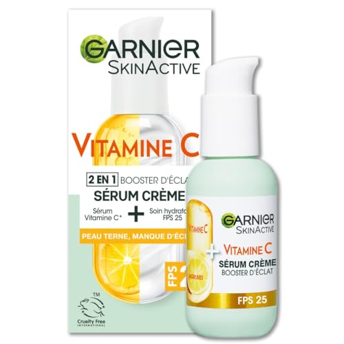 GARNIER Skin Active - Sérum Crème Booster D'Éclat 2-En-1 - Hydratation 72h & Éclat - FPS 25 - Vitamine C & Agrumes - Vegan & Cruelty Free - Peaux Ternes En...