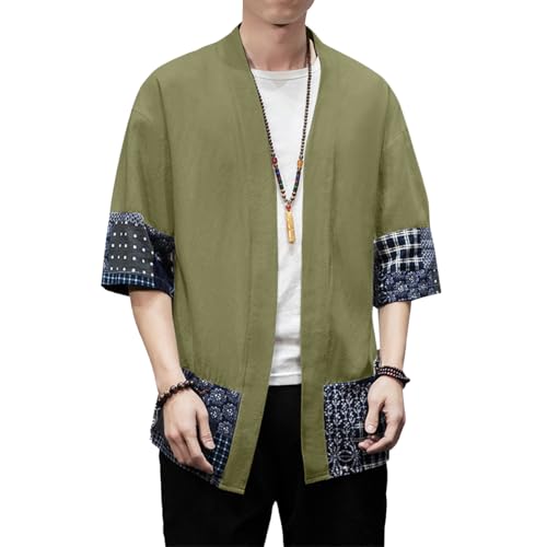 Image of PRIJOUHE Men's Kimono Jackets Cardigan Lightweight Casual Cotton Blends Linen Seven Sleeves Open Front Coat Outwear