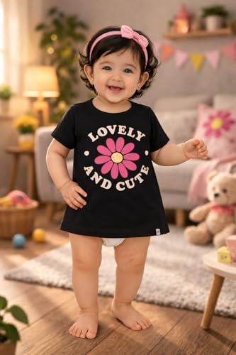 Image of BODYCARE Infant Baby Girls Cotton T-Shirt Round Neck Half Sleeves Ultra Soft Breathable Fabric Regular Fit Casual Tee Summer Wear Top for Kids