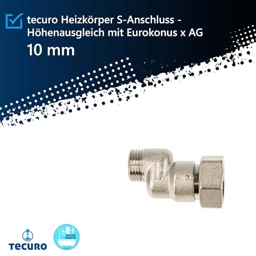 tecuro S-Anschluss Heizkörper 10 mm Höhenausgleich mit Eurokonus, DN 15 (1/2“) AG x DN 20 (3/4“) Überwurfmutter Messing vernickelt, AGS-10
