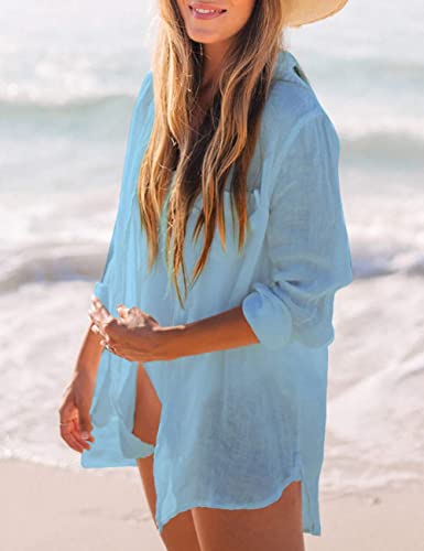 Image of Bsubseach Women Long Sleeve Beach Shirt Blouses Bathing Suit Cover Up Button Down Collar
