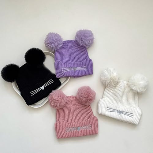 Kids Cats Ear Bonnet Hat with Double Pompoms Knit Warm Winter Caps Comfortable Winter Headwear for Boy & Girls Aged 3-10 Pink4