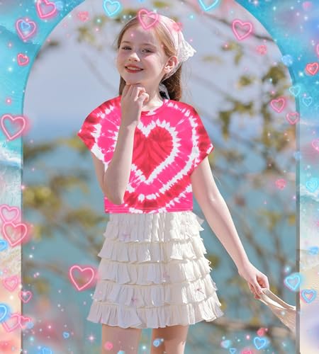 Image of Tkria Girl Crop Tops Valentine Short Sleeve Tshirt Tie Dye Heart Teen Girls Shirt Clothes 6-14 Years