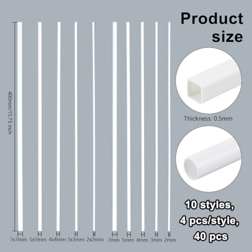 Image of OLYCRAFT 40pcs 10 Style ABS Plastic Square Tube Round Tube 15.7 Inch Length White Plastic Hollow Tubes Hollow Square Round Bar Rods Styrene Tube for DIY Sand Architectural Model Making - Mixed Style