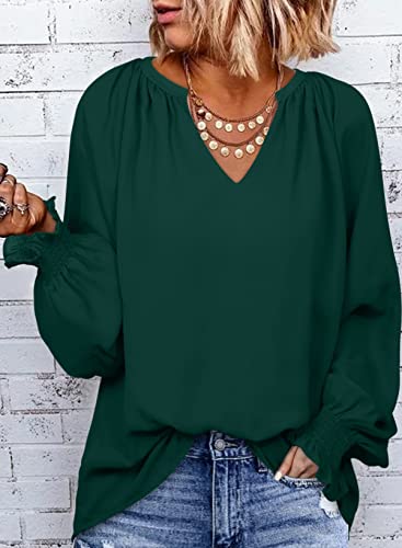 Dokotoo Womens Vintage Smocked Long Sleeve V-Neck Chiffon Tunic Top - Plus Size, Green L #TOP2