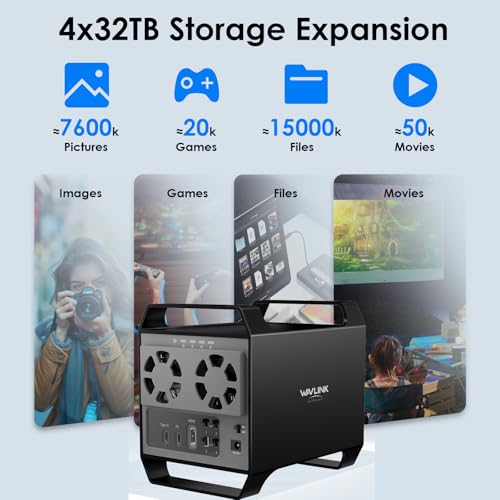 Image of WAVLINK 4-Bay Hard Drive Enclosure for 3.5 inch and 2.5'' SATA HDD /SSD Featuring 10Gbps USB-C 3.2, Max 128TB Capacity, Built-in Temp-Controlled Cooling Fans, 4K HDMI Stunning Video Output, Aluminum Shell