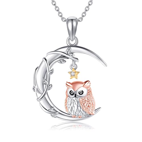 YAFEINI Owl Necklace S925 Sterling Silver Moon Owl Pendant Necklace Animal Jewelry Gift for Women Owl Lovers
