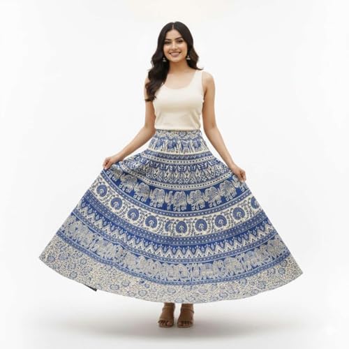 Image of HARSHITA-Enterprises Jaipuri Women's Cotton Printed Elastic Long Skirts