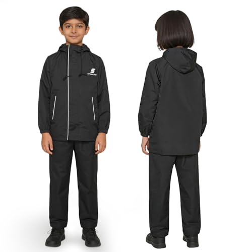 Image of Amazon Brand - Symactive Raincoat for Kids | Waterproof Jacket and Pant Set | Polyester with PVC Coating | Seam Sealed | High Neck Hood | Reflective Branding | Black, 8 to 10 Years