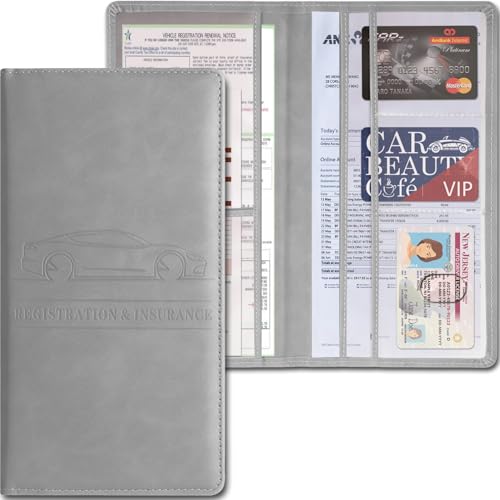 Car Accessories Registration and Insurance Holder,Leather Essential Card Magnetic Shut Vehicle Glove Box Organizer Case for Auto Driver License Document Truck Motorcycle Boat-Grey