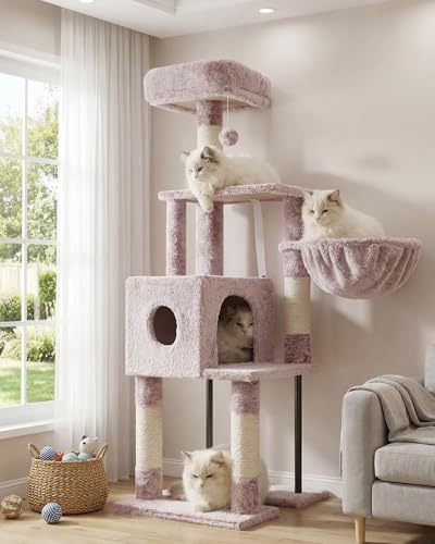 Image of Heybly Cat Tree with Toy, 49.2 inch Cat Tower for Indoor Cats HCT200SMU | Spacious Cat House Condo with Hidden Space,Soft Plush Top Perch,Cozy Hammock and Sisal Scratching Posts, Rosy Brown