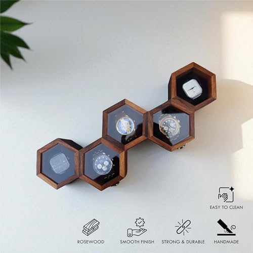 Image of Vintage Wooden Watch Box for Men, Timepiece Display Case, Honeycomb Watch Storage & Organizer, Jewlery Box for Women, Anniversary Gift For Husband (5 Compartments)