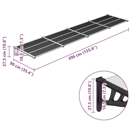 Marquise de porte extérieure anti-intempéries en polycarbonate robuste 396 cm