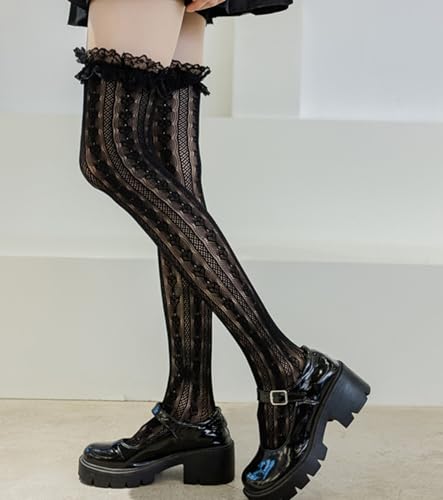 Lace Knee High Stockings, Black Sheer Pattern with Ruffle Trim, Gothic Style3