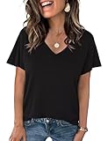 Crewhpo Camiseta Básica Mujer Verano Manga Corta Cuello en V Blusas Elástico Ligero Color Sólido Camisetas Casuales Top