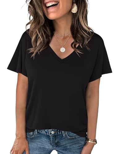 Crewhpo T Shirt Damen Kurzarm Shirts Sommer mit V-Ausschnitt Basic Shirt Einfarbige Casual Top Stretch Baumwolle Oberteile Lockeres Elegant Schwarz