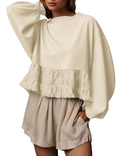 Crew Neck Crop Oversized Sweatshirts For Women Casual Long Puff Sleeve Babydoll Tops Loose Lace Patchwork Peplum Top