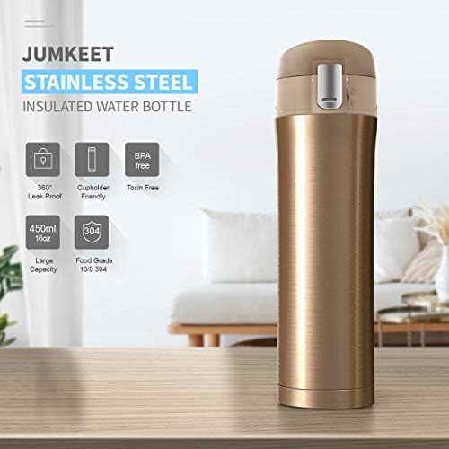 FAPPEN Double Walled Vacuum Flask Thermo, 450ml Stainless Steel Insulated Water Bottle, Flask for Hot and Cold Drinks, Travel Coffee Mug, Sports Water Bottle, Drinks Cup (Gold)