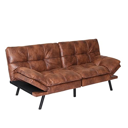 Koihome 2-Seater Convertible Sleeper Sofa With Adjustable Back And Arms, Modern Memory Foam Futon Couch Bed, Industrial Chaise, Recliner Loveseat Folding Daybed For Living Room, Suede Leather, Brown #TOP3