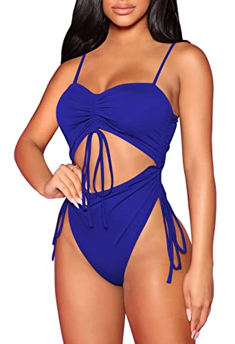 Viottiset Women's Drawstring Cut Out One Piece Swimsuit Cheeky Bathing Suit Monokini Blue Large #TOP4
