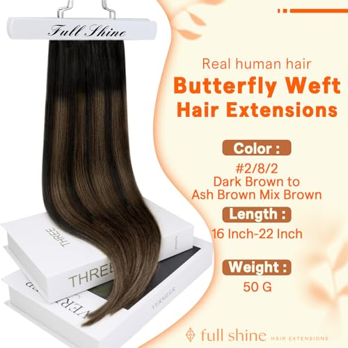 Image of Full Shine Butterfly Weft Hair Extensions 20 Inch 50G for Women | Balayage Dark Brown with Ash Brown Highlights, Double Layered PU Hole Weft, One Piece Volume, Natural Daily Wear