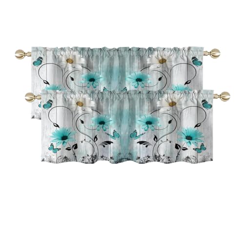 AAtter Teal Floral Kitchen Valance Curtains for Window Farmhouse Vintage