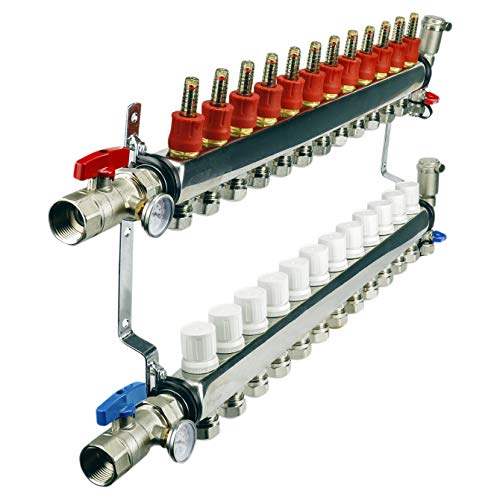 Image of Midline Valve NQT112 PEX Manifold 1 /2 in. for Radiant Heating System; with Valves, Vents, Gauges, and Mounting Brackets; Stainless Steel; 12 Port