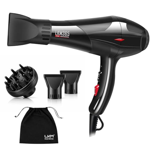 LKM 3500W Professional Ionic Hair Dryer Fast Drying AC Motor Blow Dryer with Diffuser 2 Concentrator Nozzles & Storage Bag 3 Heat & 2 Speed Settings Cool Shot SG Plug Safety Mark