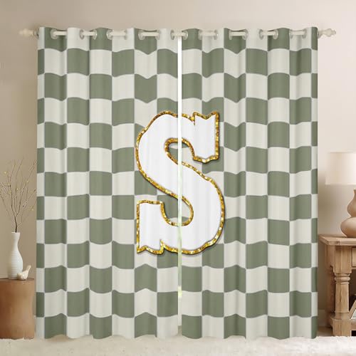 Image of Erosebridal Sage Green Checkered Blackout Curtains for Bedroom Living Room Plaid Initial S Window Curtains 2 Panels 52 inch Wx84 L Personalized Monogram Drapes,Grids Gingham Window Treatments