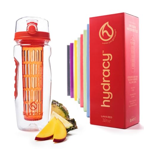 Hydracy Fruit Infuser Water Bottle - 32 oz Sports Bottle - Time Marker & Full Length Infusion Rod + 27 Fruit Infused Water Recipes eBook Gift - Lava Orange