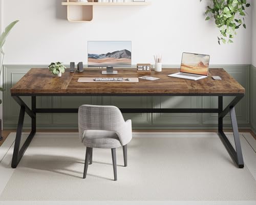 Image of HSH Large Rustic Brown Computer Desk, 78 Inch Extra Long Metal Wood Desk for Home Office, Two Person Executive Writing Study Gaming Desk Table, Bedroom Living Room PC Laptop Dual Monitor Desk