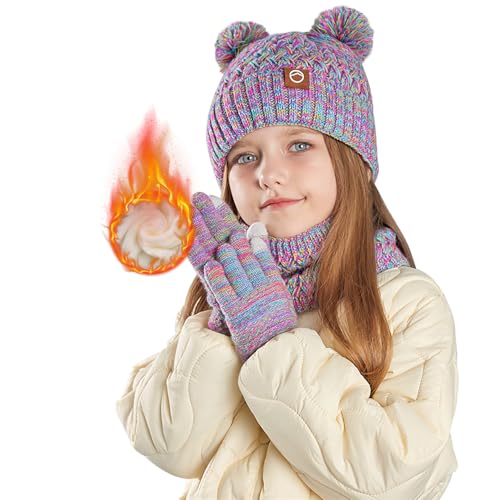 Kids Winter Hat Gloves Scarf Set Beanie with PomPom Fleece Lined Warm Touch Screen for Boys Girls Christmas Gift2