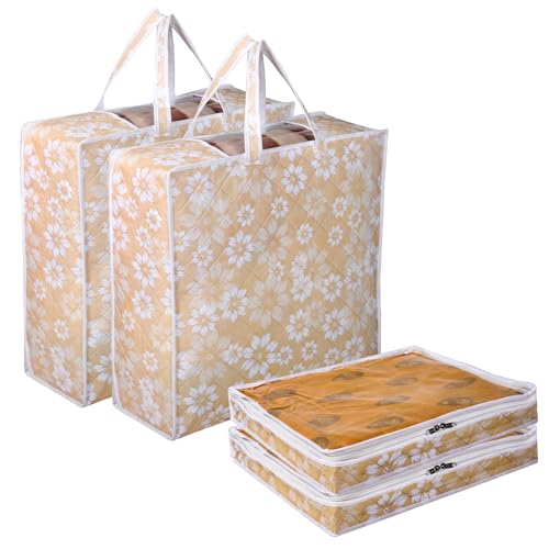 Kuber Industries Saree Cover & Blanket Cover Set | 2 Pieces 3 Inch Saree & 2 Pieces Underbed Storage Bag Combo Set | Visible Window & Handle Storage Bag | Flower Quilted | Set of 4 | Golden