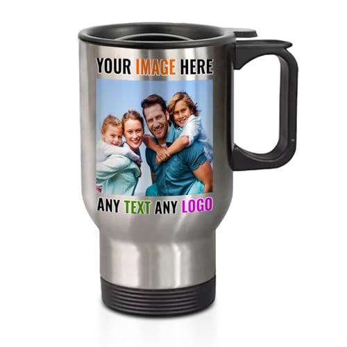 Image of Personalised Travel Mug Silver | Coffee Travel Cup | Leakproof, Thermal & Stainless-Steel 14 oz Travel Mug for Hot and Cold Drink | Any Text and Photo | Customised Gift for Mom, Dad, & Many Occasions