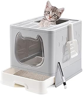 Suhaco Foldable Kitty Litter Box, Top Entry Cat Litter Box with Lid, Covered Kitten Litter Tray Including Cat Litter Scoop and 2-1 Cleaning Brush (Grey)