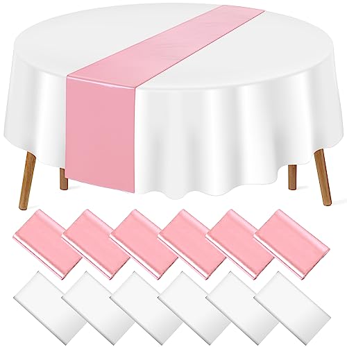 Image of 12 Pack 12x108 Inch Satin Table Runner and 84 Inch Round Plastic Tablecloths Set White and Rose Gold Disposable Round Table Cover for Graduation Wedding Shower Anniversary Birthday Party Decorations