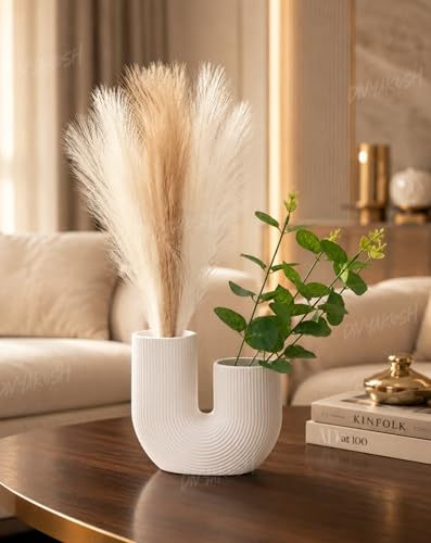 Image of Divyakosh Modern Double Mouth Vase with 3 Pampas Grass & 4 Eucalyptus Stems, White Ribbed Decorative Plastic Vase for Living Room, Center Table, Bedroom, Home Decor Gift Set