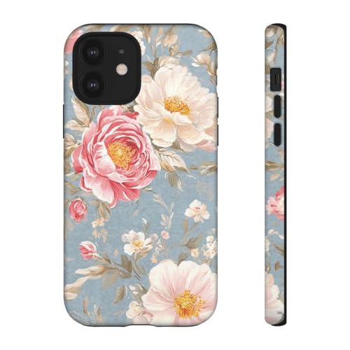 Coque rigide iPhone 12 mate anti-choc avec motif fleurs roses et blanches
