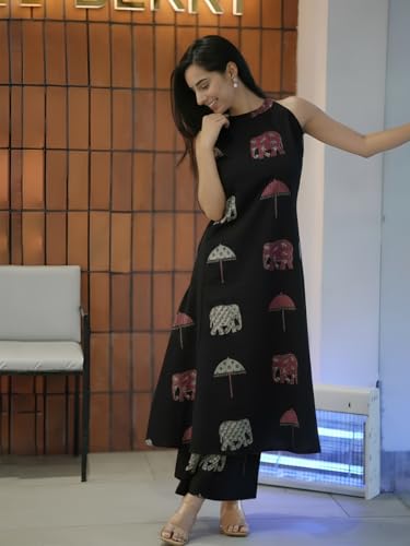 Image of GoSriKi Cotton Co Ord Set for Women | Kurta with Palazzo | Kurti for Woman | Black Printed Ethnic Outfit | Cord Style Dress | Stylish Indian Clothing Office Party Traditional Fashion Look