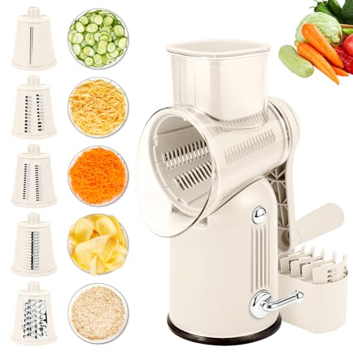 Rotary Cheese Grater with Handle, 5-in-1 Cheese Grater Hand Crank, Strong Suction Base for Fruit Vegetables Nuts with Blade Storage Box (White)